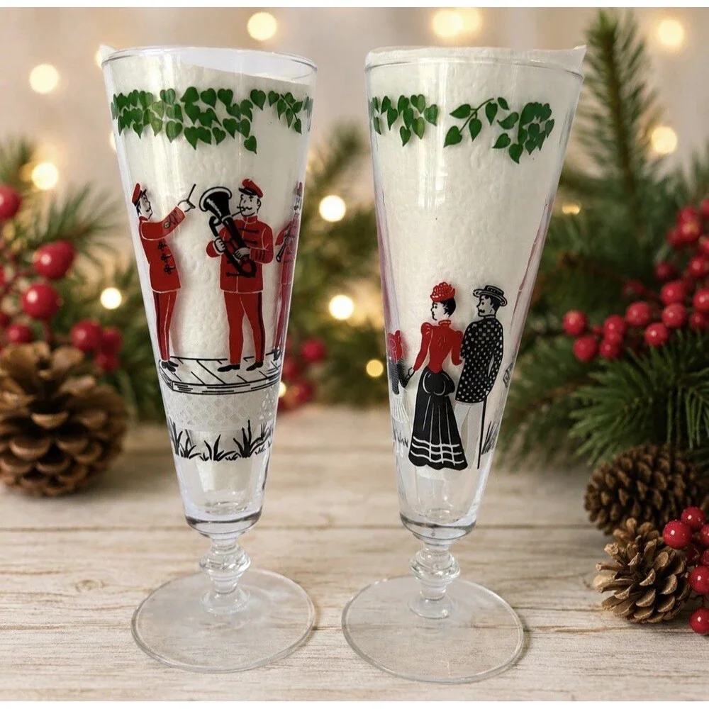 Vintage Stemmed Beer Pilsner Glasses Pair Musicians Band Retro MCM Barware Pub
